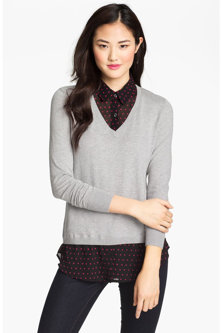 Halogen Mock Sweater & Blouse Set, Main, color, HEATHER GREY/ PINK DOT COMBO