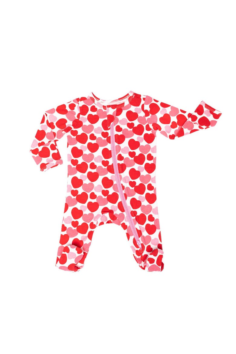 Organic Cotton Zip Footie in Space Bears, Main, color, Red & Pink Hearts