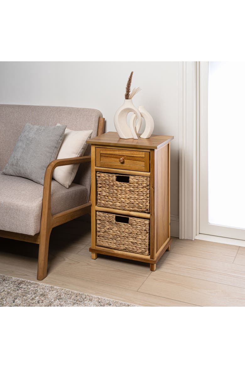 Malibu Rustic Handcrafted Acacia Wood Accent Storage Nightstand with Drawer and 2 Water Hyacinth Woven Baskets, Alternate, color, Natural