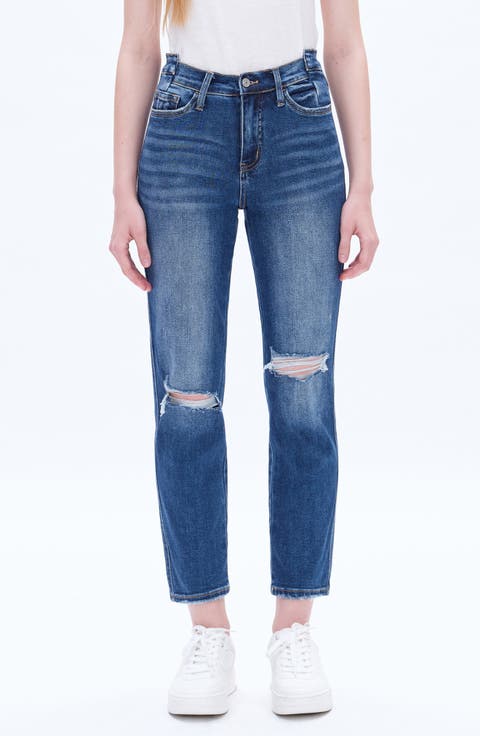 Distressed High Waist Ankle Straight Leg Jeans