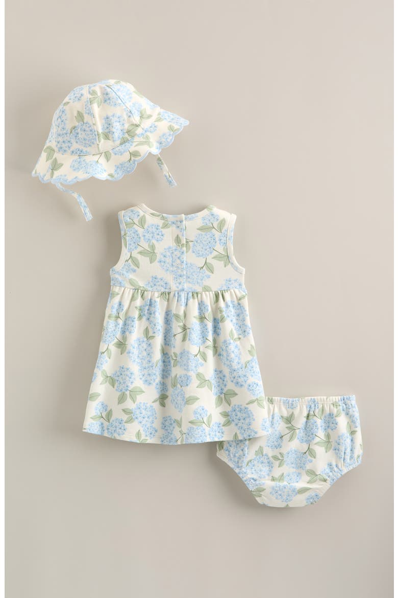 Pintuck Ruffle Cotton Dress, Hat & Bloomers Set, Alternate, color, IVORY EGRET BLUE HYDRANGEA