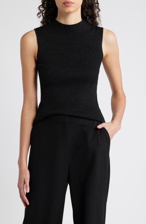 Fusoni Metallic Mock Neck Sleeveless Rib Sweater