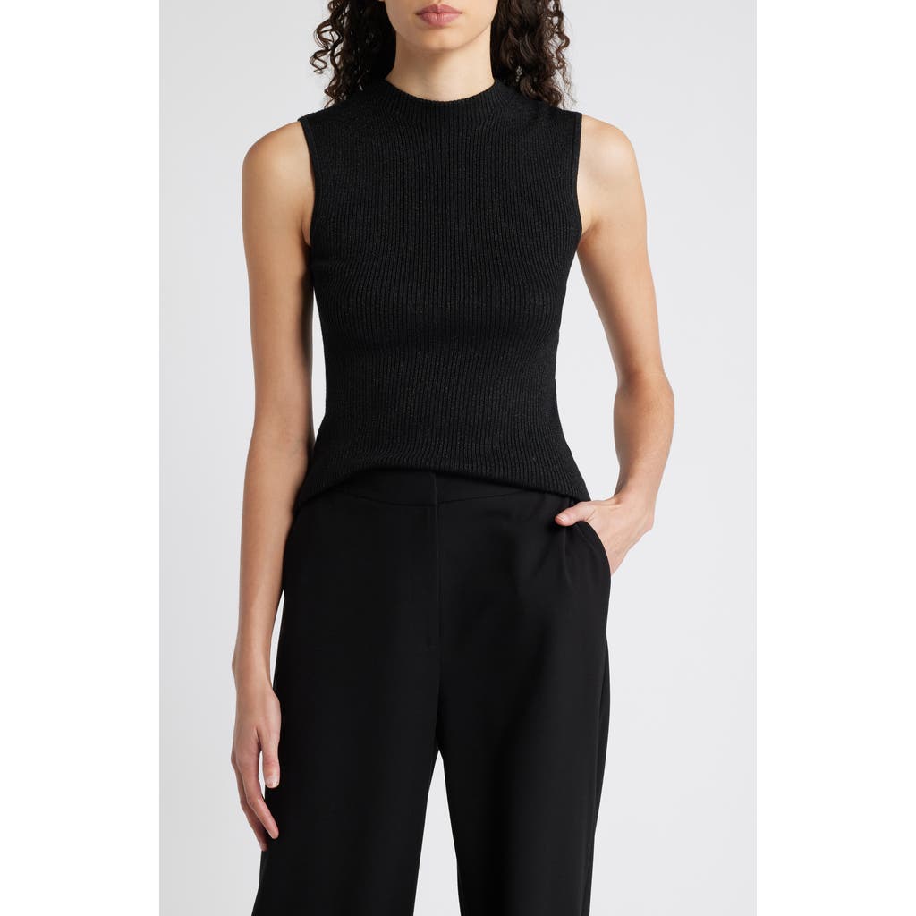 Hugo Boss Boss Fusoni Metallic Mock Neck Sleeveless Rib Sweater In Black Lurex