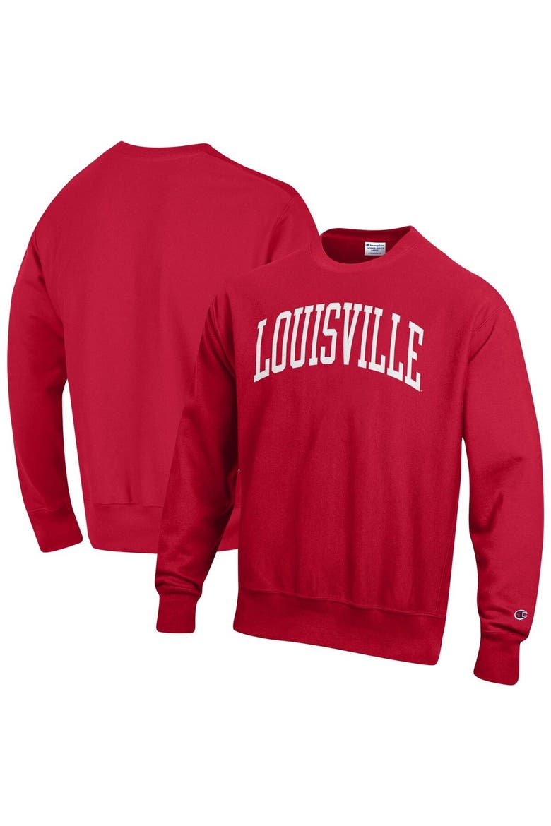 Men's Champion Red Louisville Cardinals Arch Reverse Weave Pullover Sweatshirt, Main, color, Red