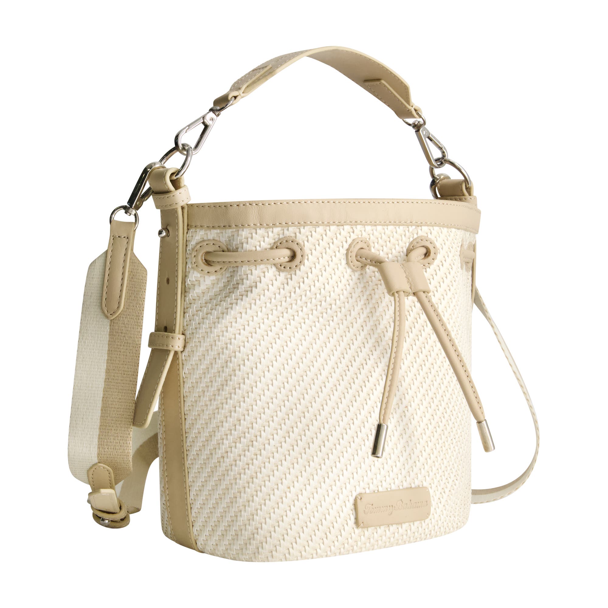 Tommy Bahama Soft Woven Drawstring Bucket Bag, Alternate, color, Tan/White