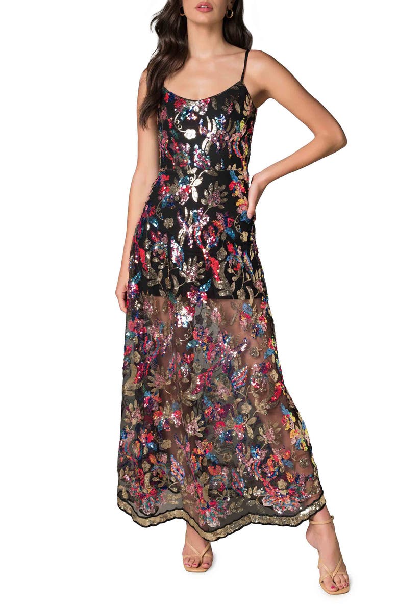 Dress the Population Umalina Sequin Floral Fit & Flare Gown, Main, color, 
