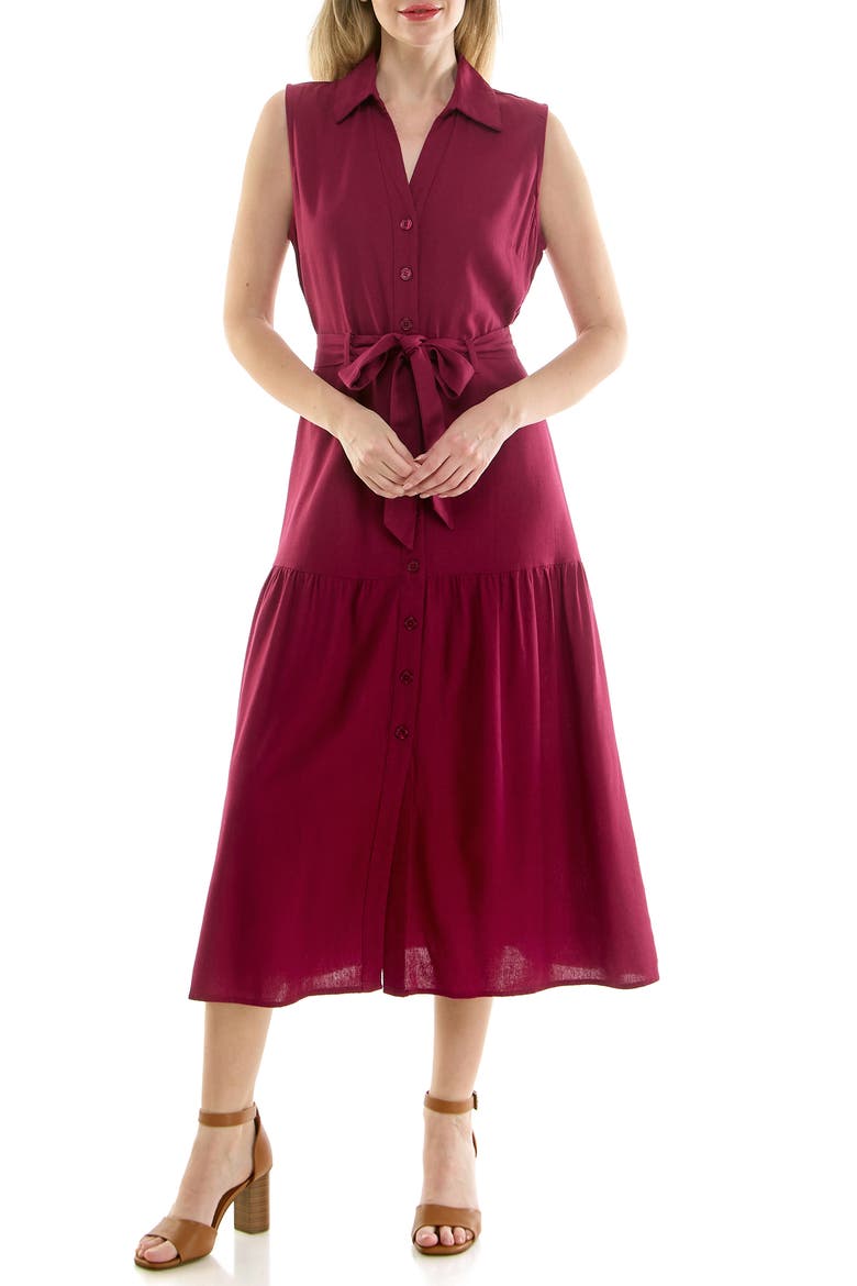 Sleeveless Belted Shirtdress, Main, color, BURGUNDY