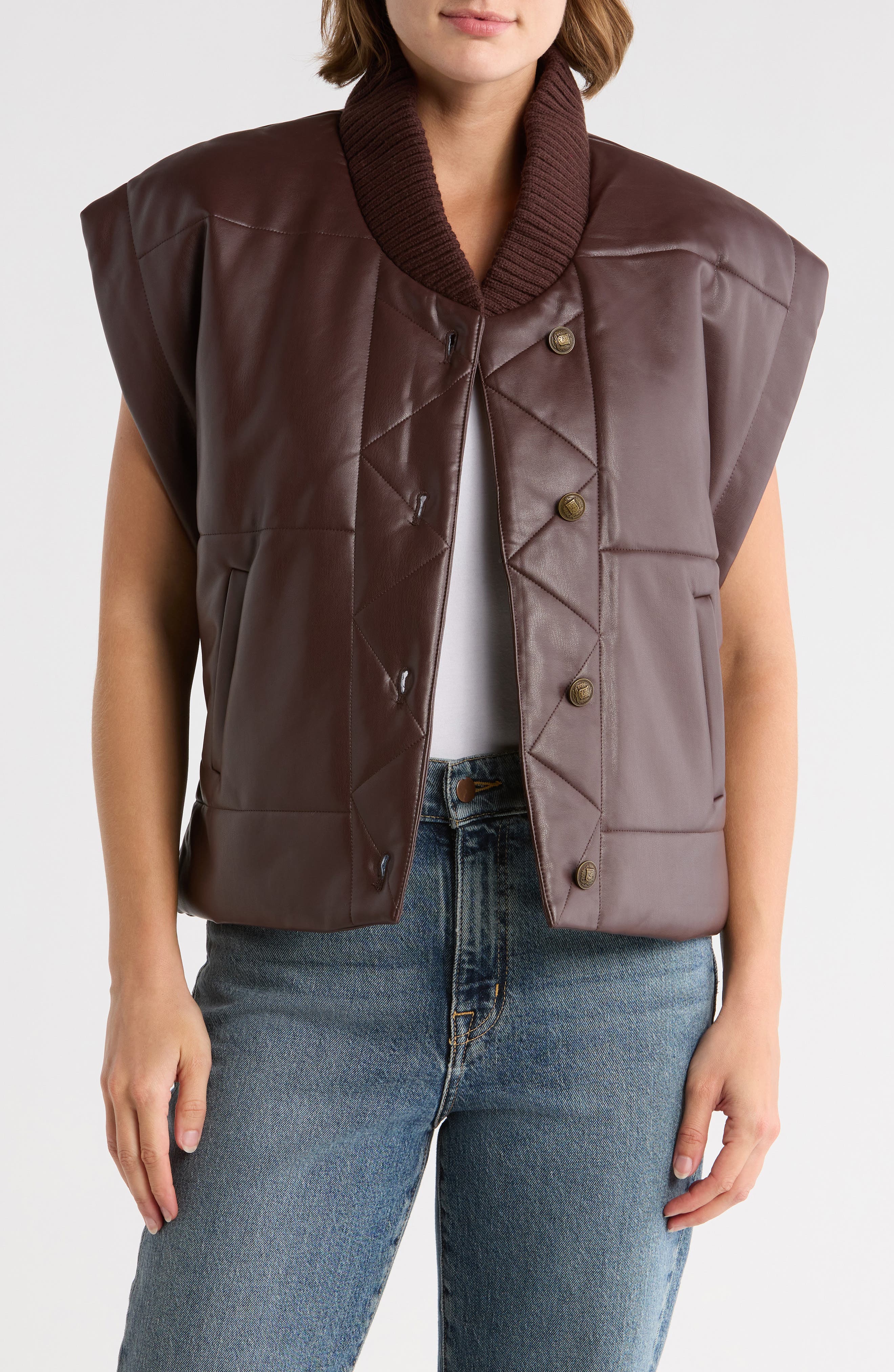 TRUTH Faux Leather Cap Sleeve Quilted Vest