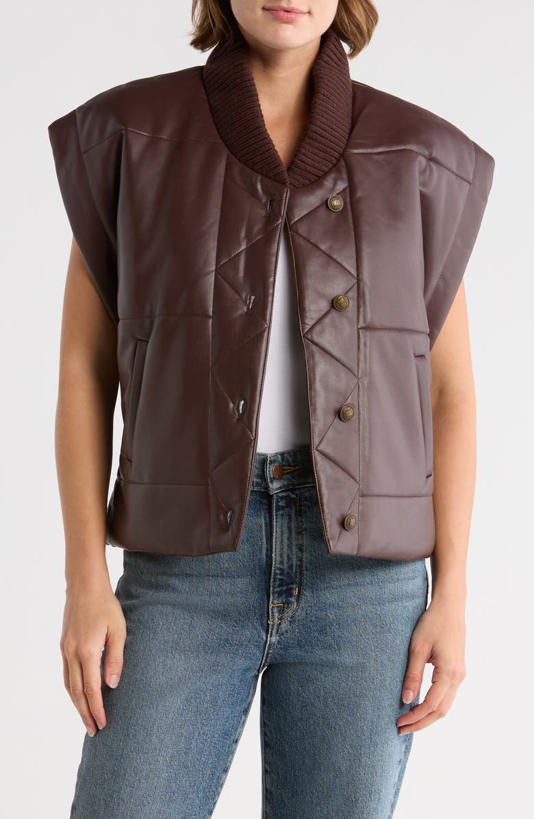 TRUTH Faux Leather Cap Sleeve Quilted Vest, Main, color, Brown