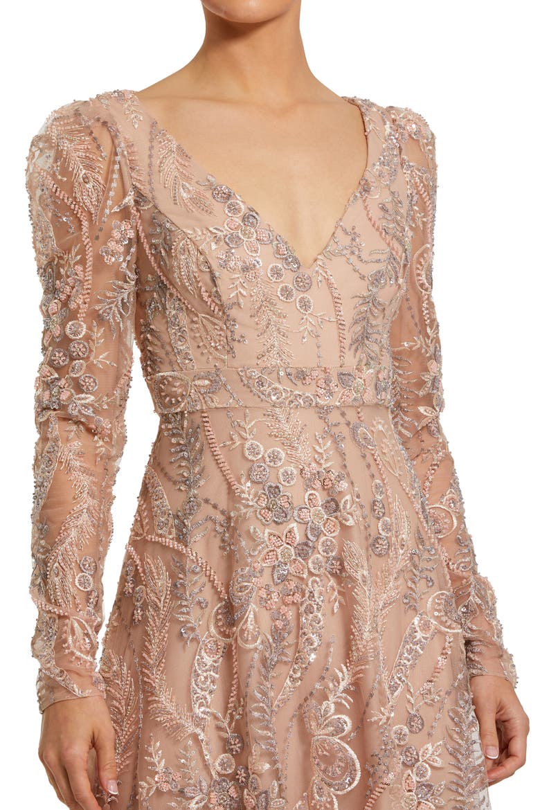 Floral Embroidered V-Neck Long Sleeve Gown, Alternate, color, Taupe