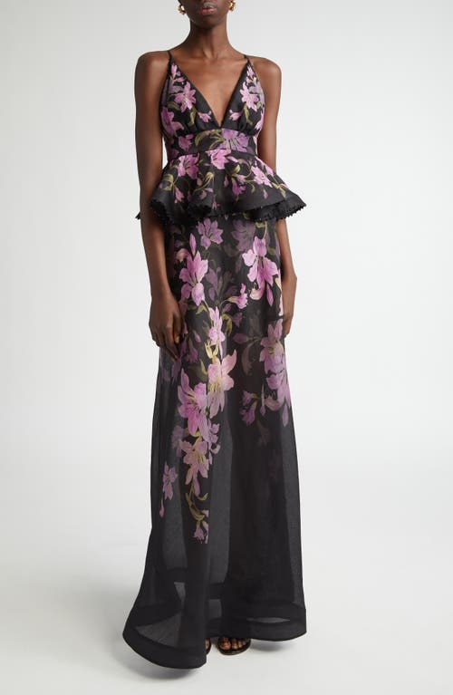 Zimmermann Dawning Bead-embellished Floral-print Linen And Silk-blend Peplum Maxi Dress In Black Lily