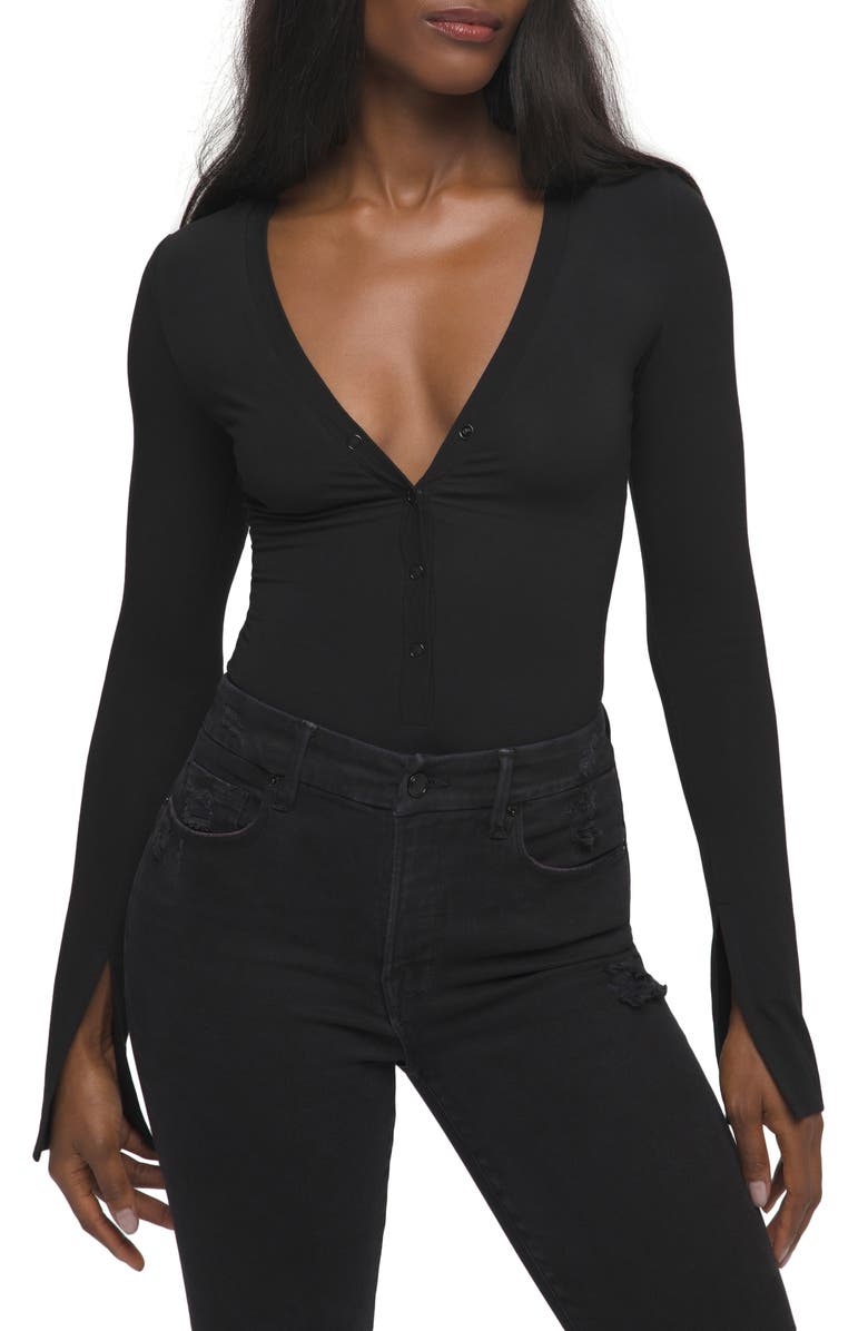 Good American Deep V Henley Bodysuit, Main, color, 