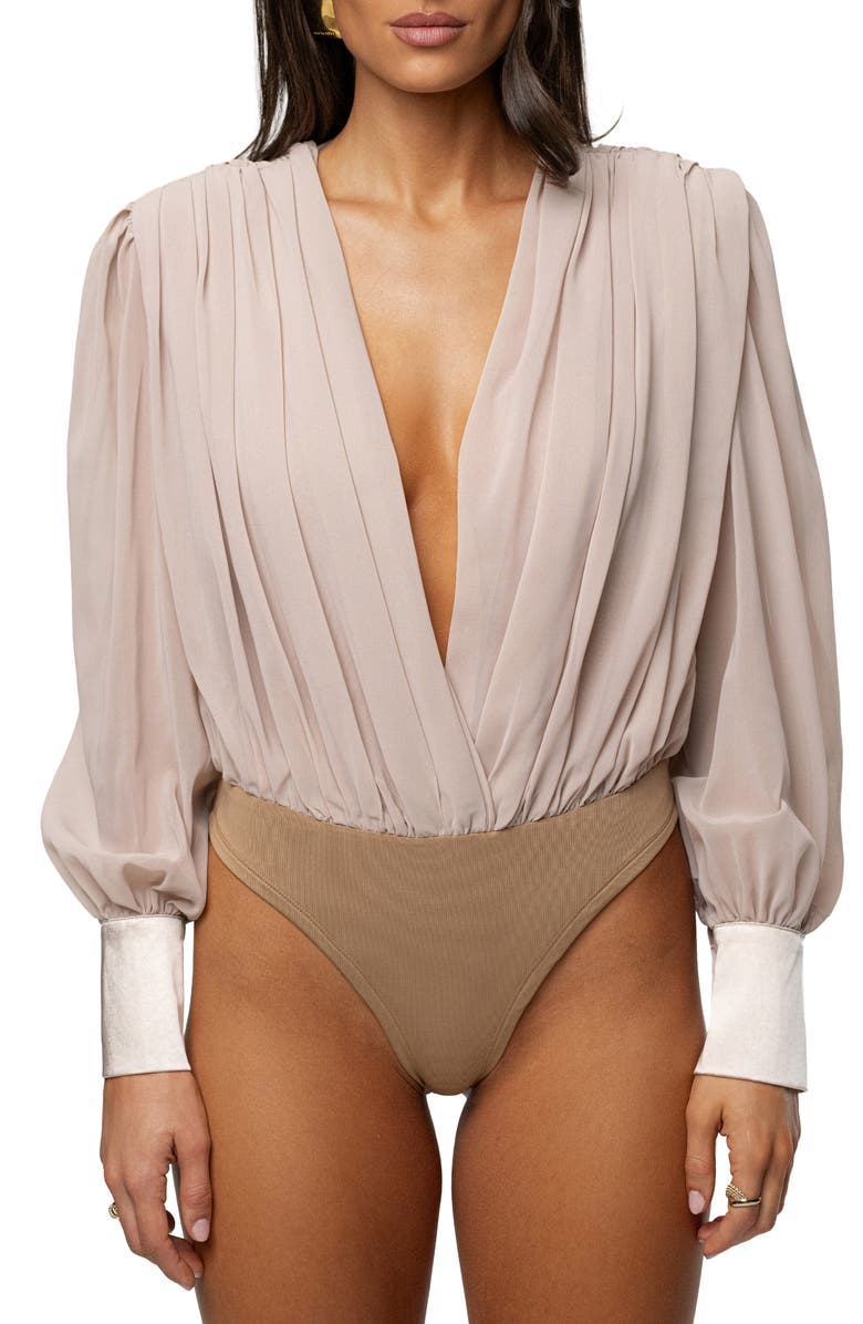JLUXLABEL Pleated Long Sleeve Bodysuit, Main, color, Beige