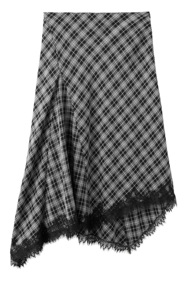 Lace Trim Plaid Midi Skirt, Main, color, BLACK
