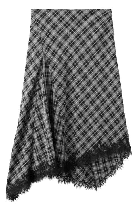 Lace Trim Plaid Midi Skirt
