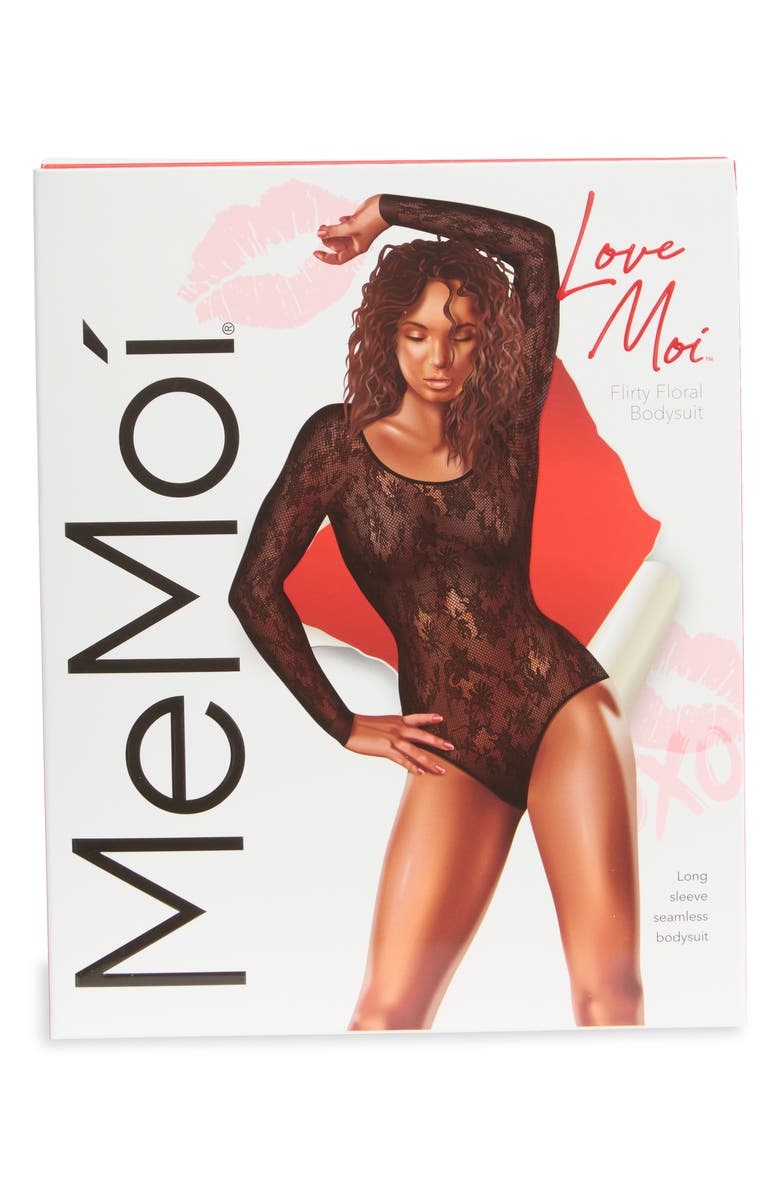 MeMoi Floral Long Sleeve Seamless Bodysuit, Alternate, color, Black