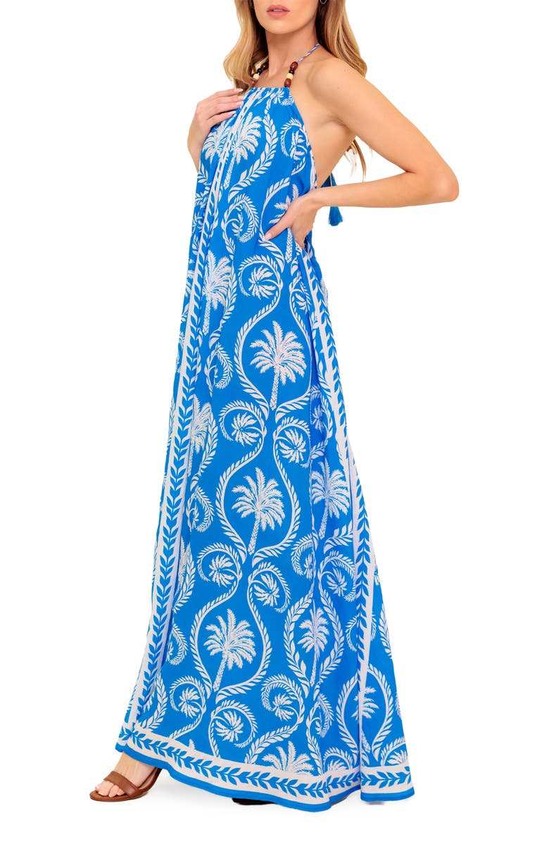 FLYING TOMATO Tropical Print Halter Maxi Dress, Alternate, color, Blue/ White