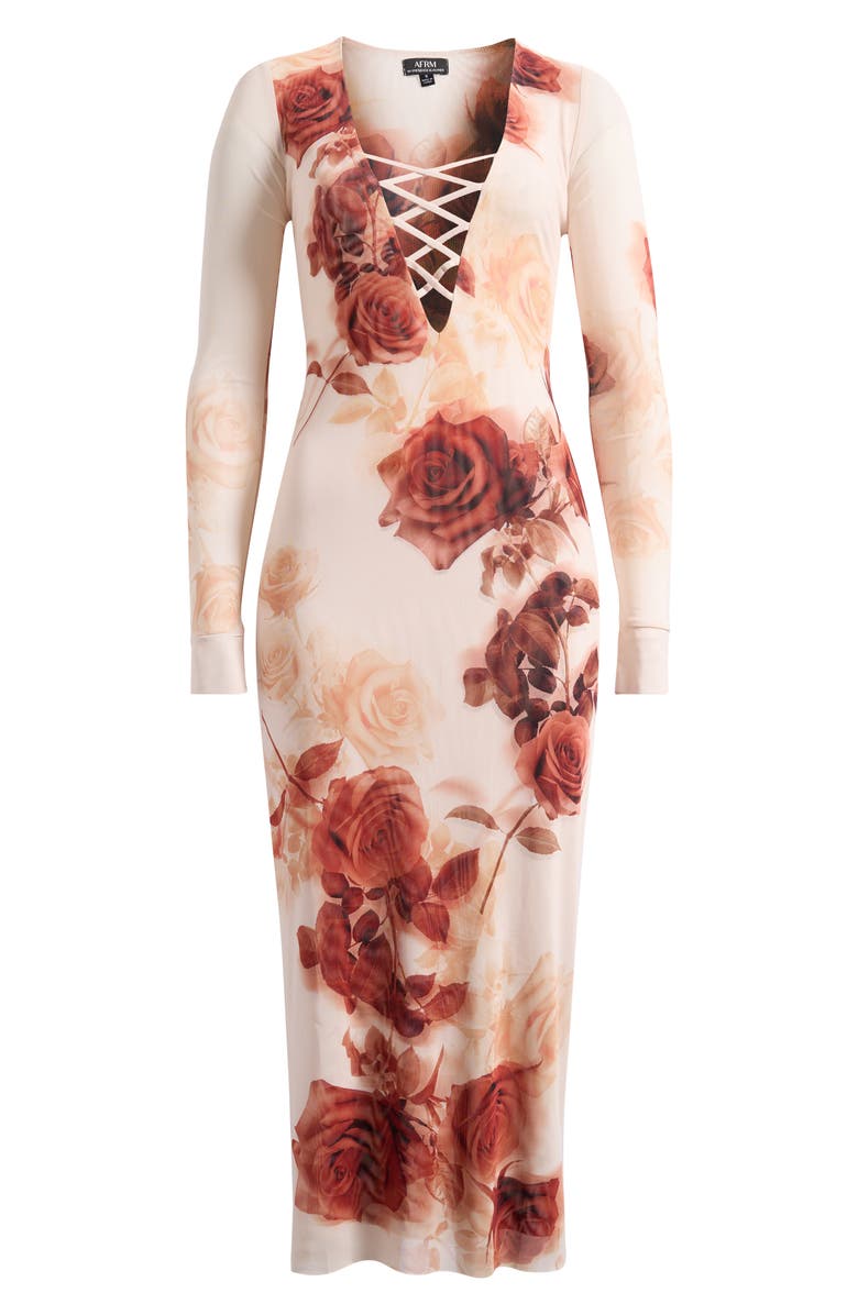 AFRM Cambria Print Long Sleeve Mesh Midi Dress, Alternate, color, Sepia Roses