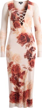 AFRM Cambria Print Long Sleeve Mesh Midi Dress