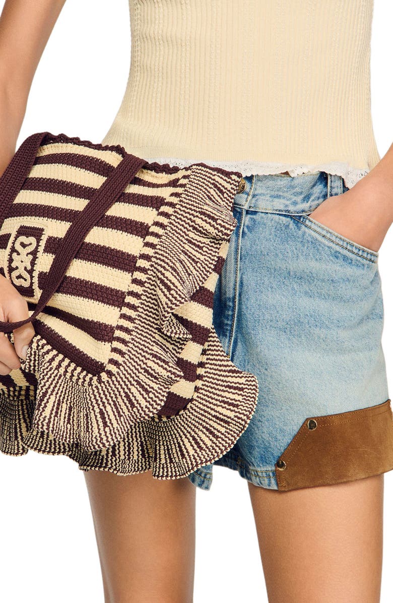 SANDRO Striped crochet bag, Alternate, color, Ecru / Brown
