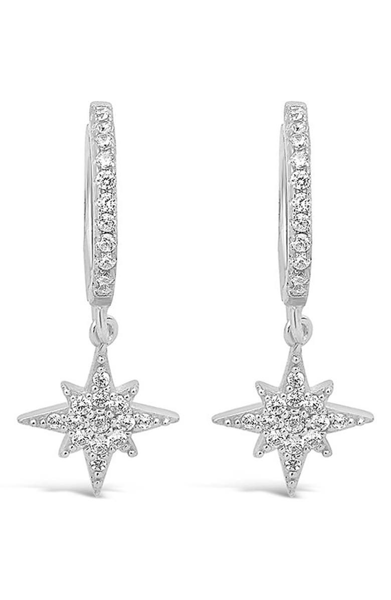 Sterling Forever Sterling Silver Cubic Zirconia Star Burst Drop Hoop Earrings, Main, color, 