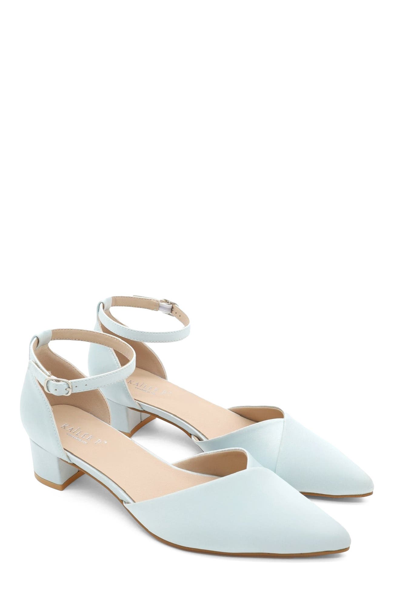 Leila Satin Pointed Toe Low Block Heels Wedding Shoes, Alternate, color, Light Blue