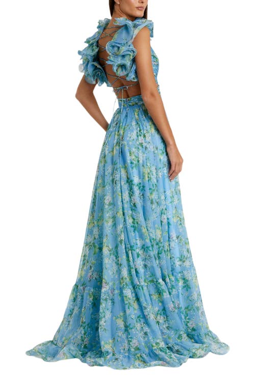 Mac Duggal Ruffle Tiered Floral Cut-out Chiffon Gown In Blue Multi