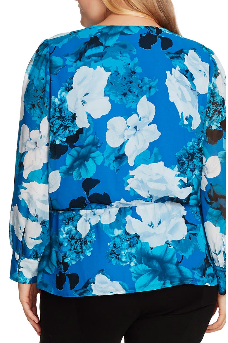 Floral Cinch Waist Asymmetrical Hem Chiffon Blouse, Alternate, color, LAGOON