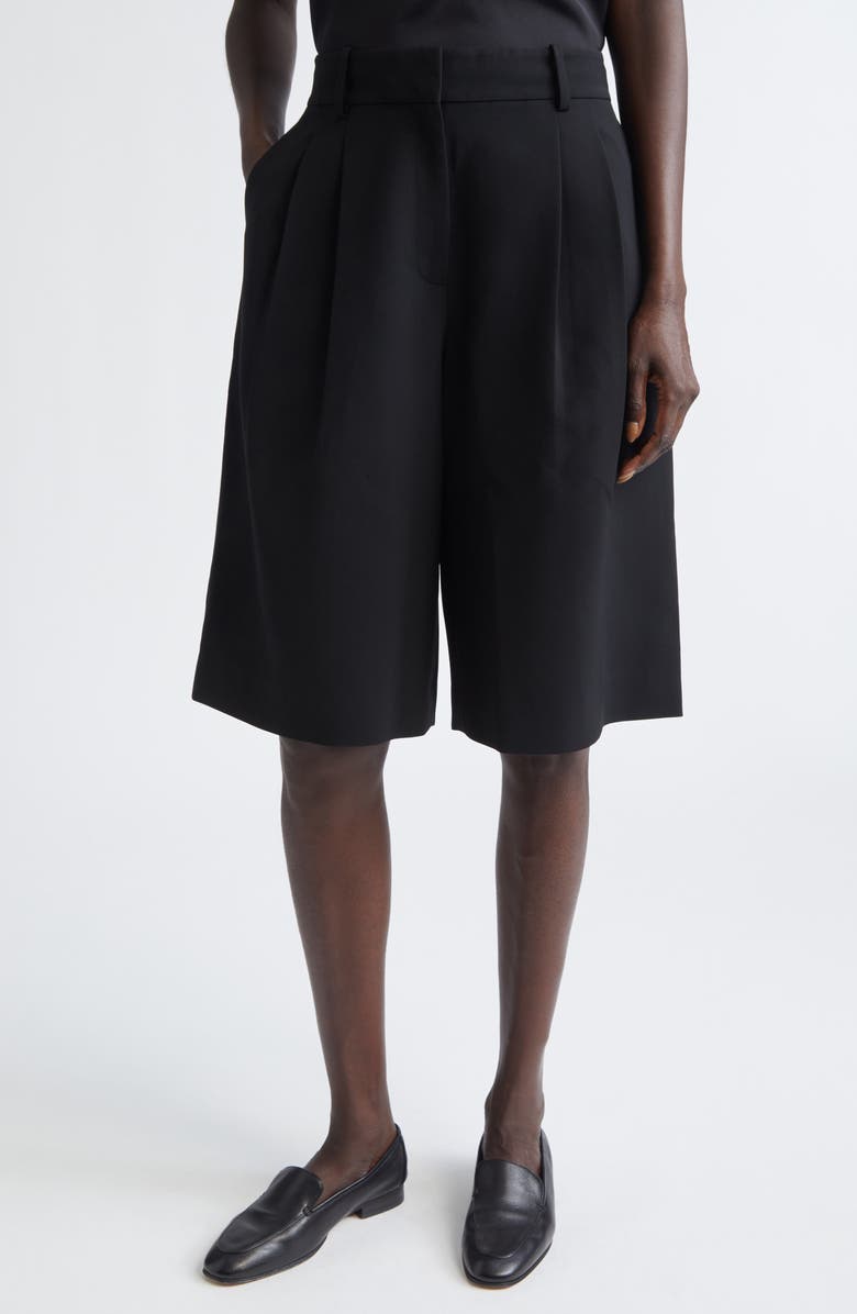Lafayette 148 New York Sutton Pleated Finesse Crepe Wide Leg Shorts, Main, color, Black