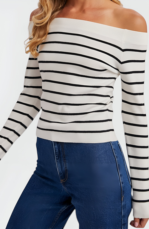 Modenaire Striped Off-the-shoulder Knit Long-sleeve Fitted Top In White