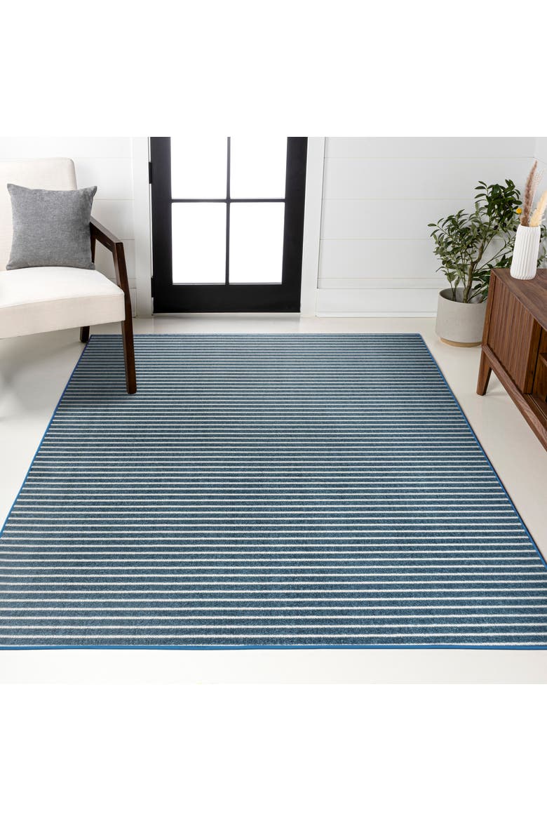 Aarhus High-Low Minimalist Scandi Striped Indoor/Outdoor Area Rug, Alternate, color, Navy/ivory