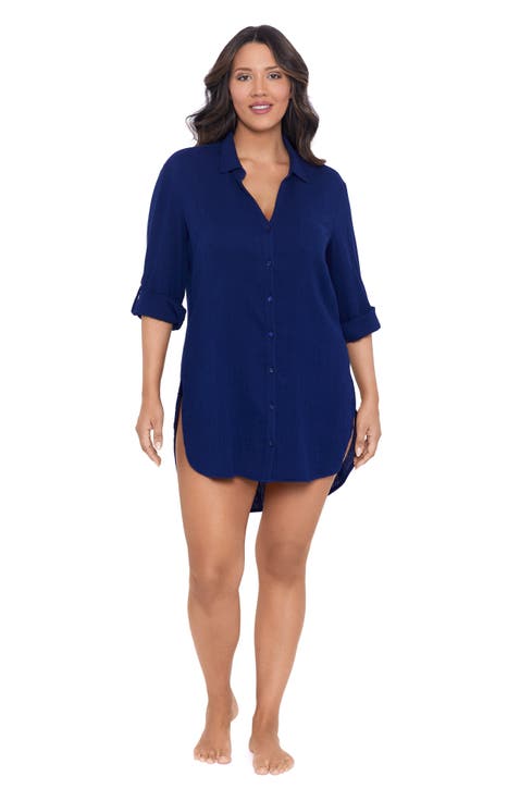 Button-Down High-Low Beach Shirt Coverup