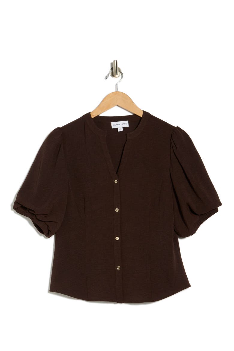 Puff Sleeve Button-Up Top, Alternate, color, DARK CHOCOLATE