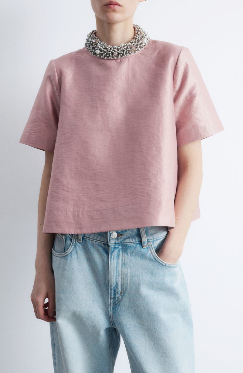 & Other Stories Faux Pearl & Rhinestone Collar Boxy Top, Main, color,