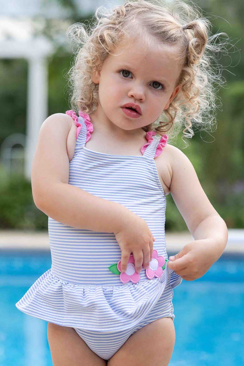 Seersucker Swimsuit With Flowers, Alternate, color, Blue/White