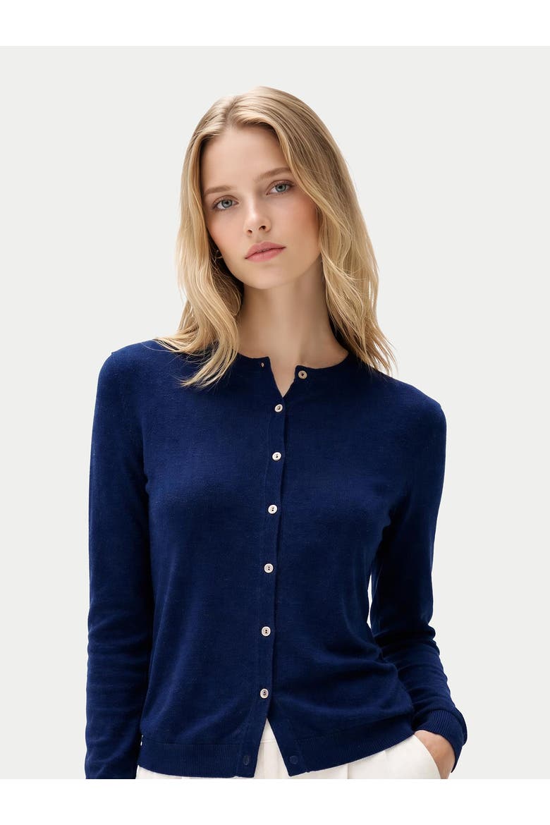 Cashmere-Silk Crew Neck Cardigan, Alternate, color, mood indigo