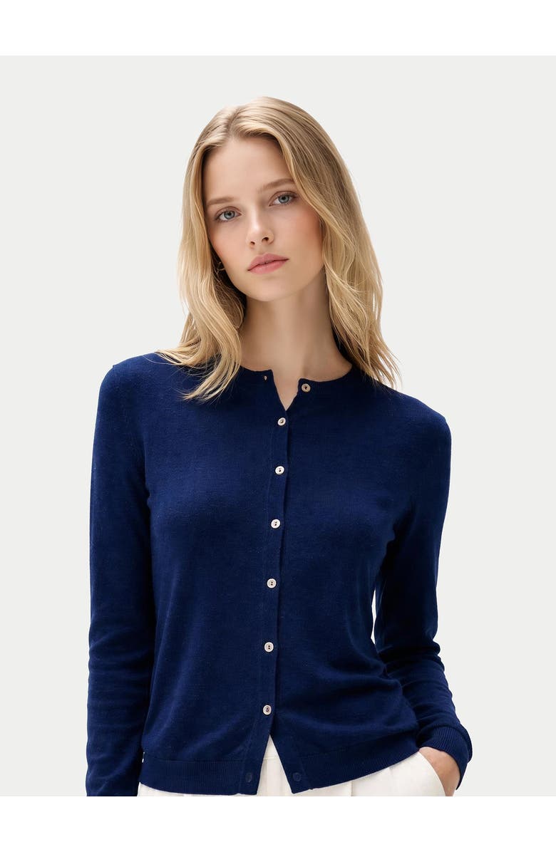 GOBI Mongolian Cashmere Cashmere-Silk Crew Neck Cardigan, Alternate, color, Mood Indigo
