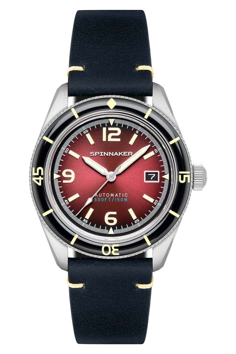 Fleuss Automatic Leather Strap Watch, 43mm, Main, color, RED