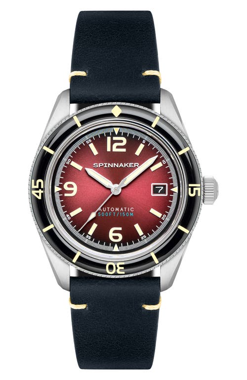 SPINNAKER Fleuss Automatic Leather Strap Watch, 43mm in Red at Nordstrom