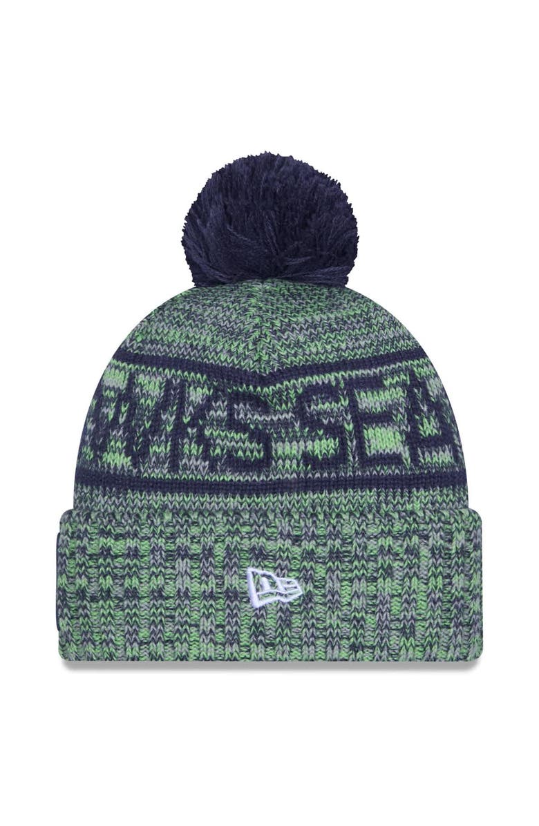 New Era Men's New Era Neon Green Seattle Seahawks 2025 Sideline Cold Weather Cuffed Knit Hat with Pom, Alternate, color, Neon Green
