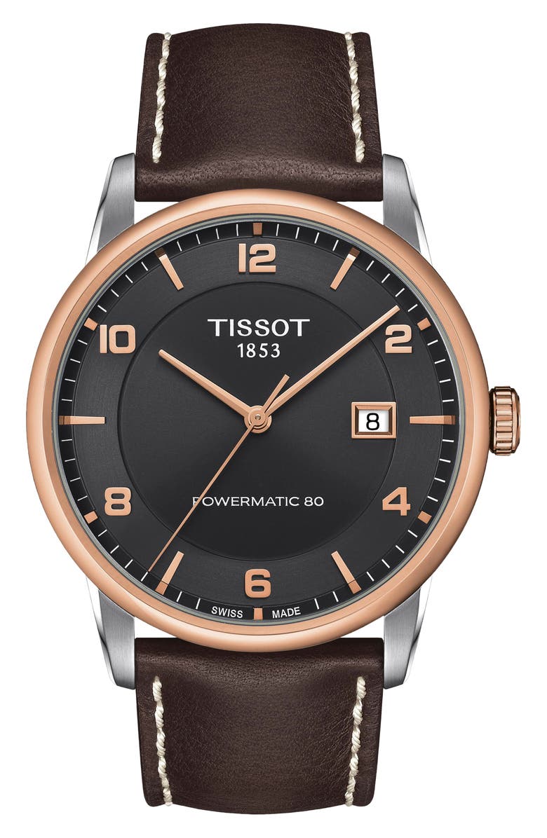 Tissot Luxury Powermatic 80 Leather Strap Watch, 41mm, Main, color, Anthracite