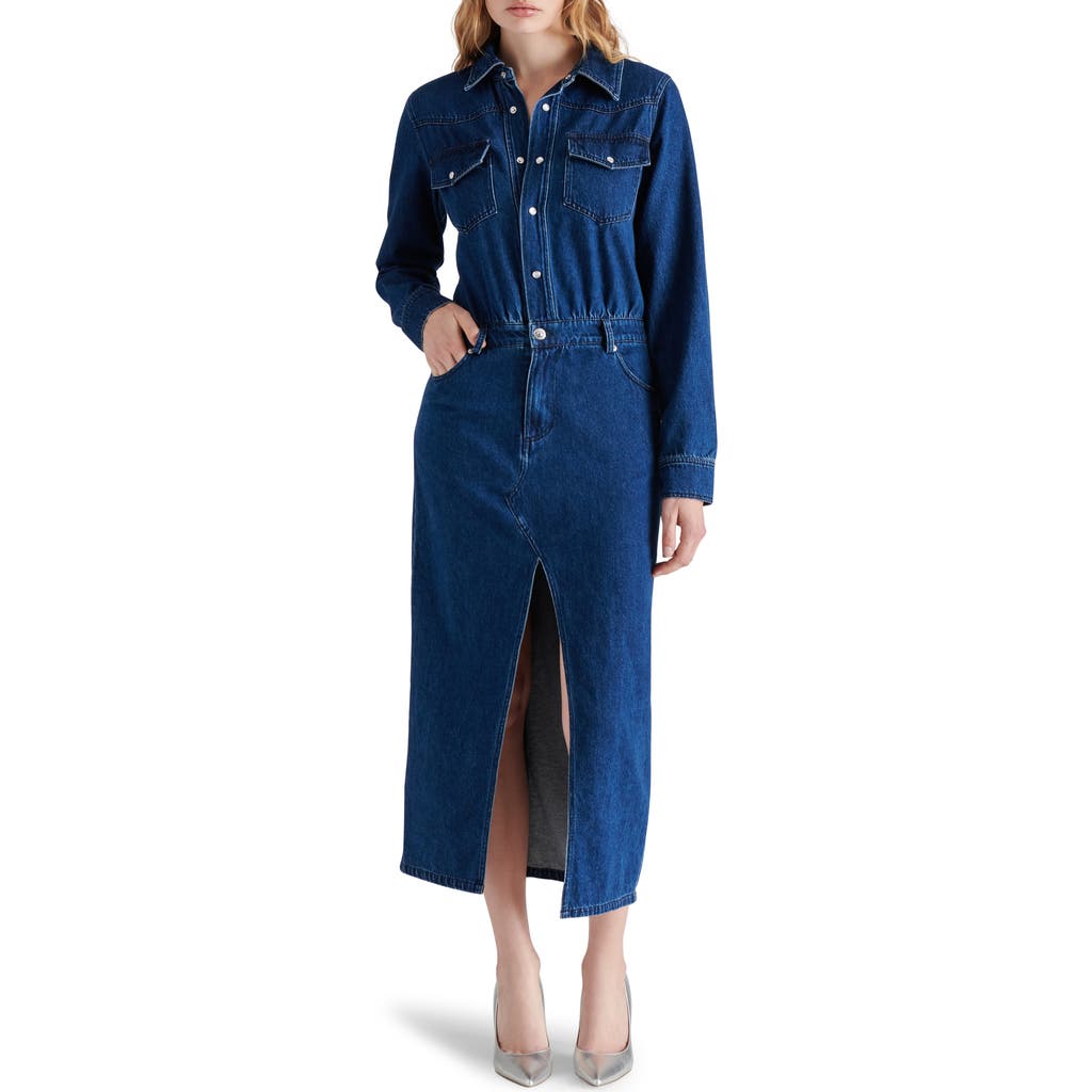 Steve Madden Dakoda Dark Wash Denim Long Sleeve Midi Dress With Pockets In Blue Denim