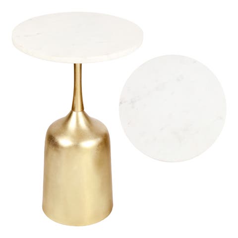 Pip 20.25" Classic Designer Metal Drink Table and Decorative End Table with White Marble Round Top and Bell Pedestal Base