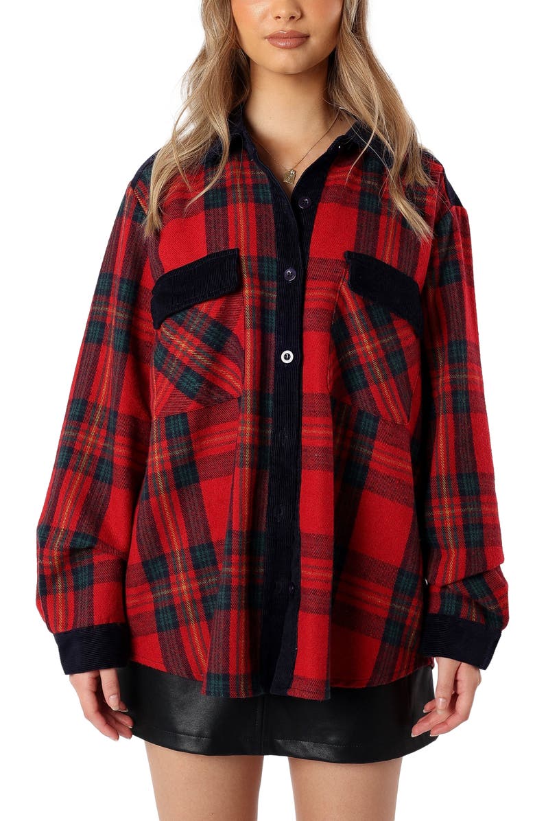 Petal & Pup Lucille Corduroy Trim Plaid Shacket, Alternate, color, Red/ Navy