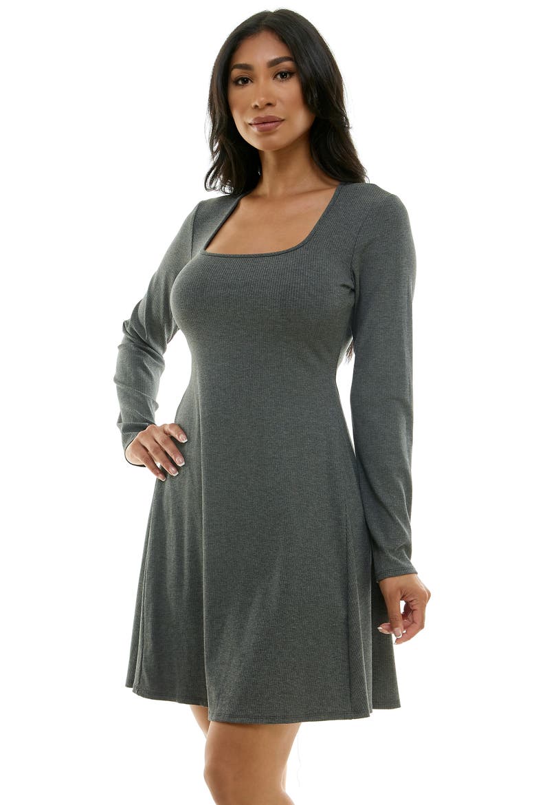 Long Sleeve Rib Godet Dress, Alternate, color, CHARCOAL