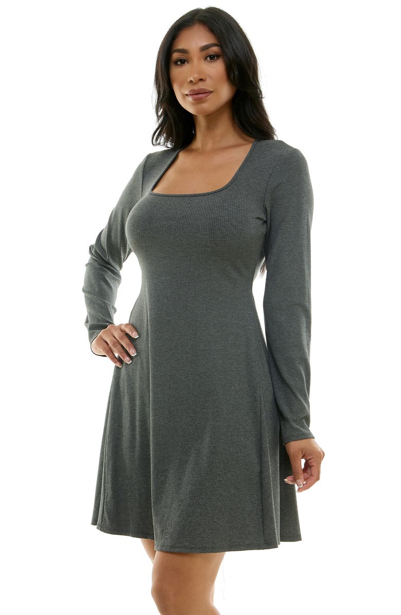bebe Long Sleeve Rib Godet Dress, Alternate, color, Charcoal