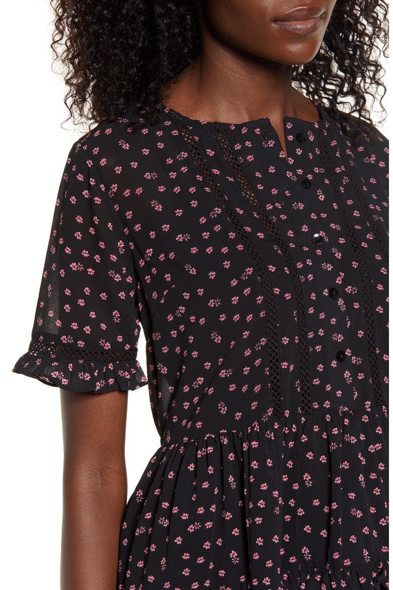 Ditsy Ladder Trim Mini Dress, Alternate, color, BLACK