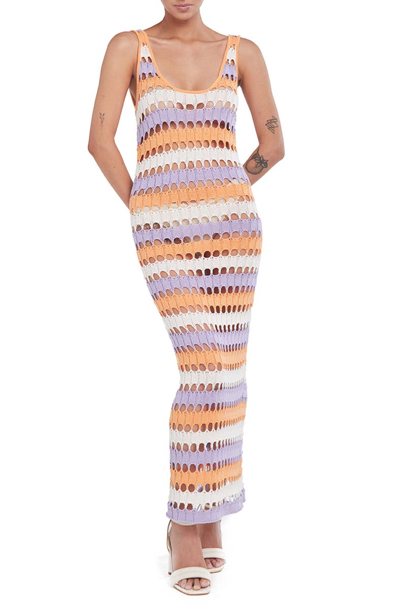 Capittana Sara Stripe Open Stitch Sheer Cover-Up Dress, Main, color, Purple/ Peach Multi