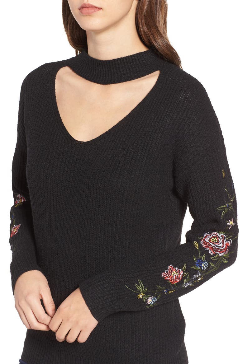 Embroidered Choker Sweater, Alternate, color, BLACK
