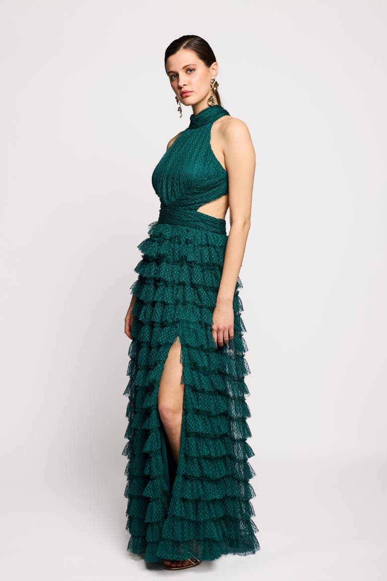 Ruffle Maxi Halter Neck Dress, Alternate, color, Emerald Green